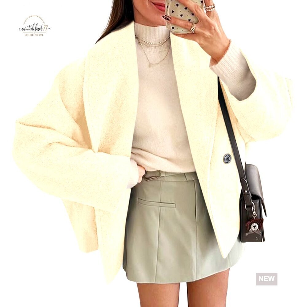 Oversized Cropped Pea Coat Wool Blend Double Breasted Lapel Chic Outerwear